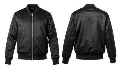 Front and back view of a plain black bomber jacket with a zipper closure and ribbing