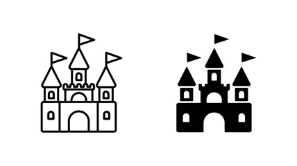 Vector art of enchanting castle icon, showcasing a fairytale kingdom with towers, flags, and a magical allure in a simple design