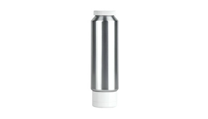 A tall, cylindrical metal container with a white top and bottom section, isolated on black