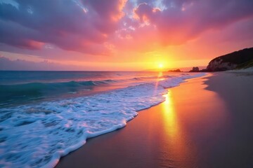 Serene beach scene at sunset, waves gently lapping the shore, perfect for relaxation and stress relief Ideal for calming imagery , peaceful, mindfulness, scenery