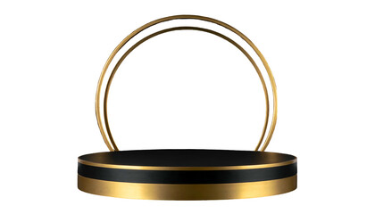 A sleek black and gold podium, with a golden ring arch, against a black background