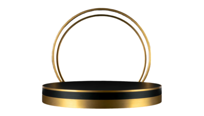 A sleek black and gold podium, with a golden ring arch, against a black background