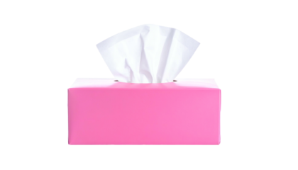 Pink rectangular box of tissues, with white tissues pulled out against a black background