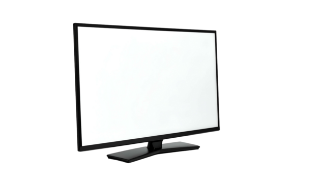 Modern flat-screen television with a blank white screen, angled slightly. Black base