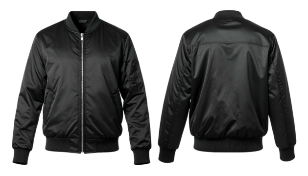 Front and back view of a plain black bomber jacket with a zipper closure and ribbing