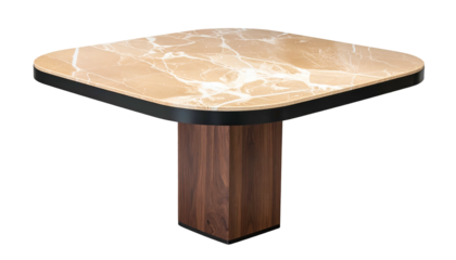 Modern, square-topped table with marble-like surface, dark trim, and wooden pedestal base
