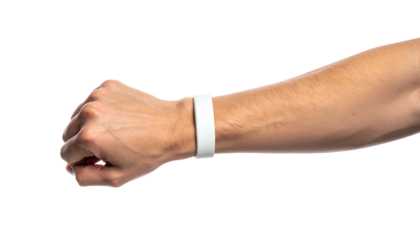 A clenched fist of a light-skinned arm wearing a white band, isolated on black