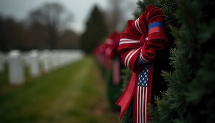 American flag ribbon wreath adorns grave at arlington national cemetery on remembrance day event