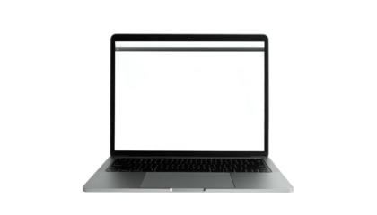 Front view of a laptop with a blank screen, against a black backdrop. Keys visible