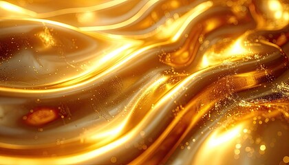 Luminous, molten gold waves with sparkling particles and a smooth, silky flow