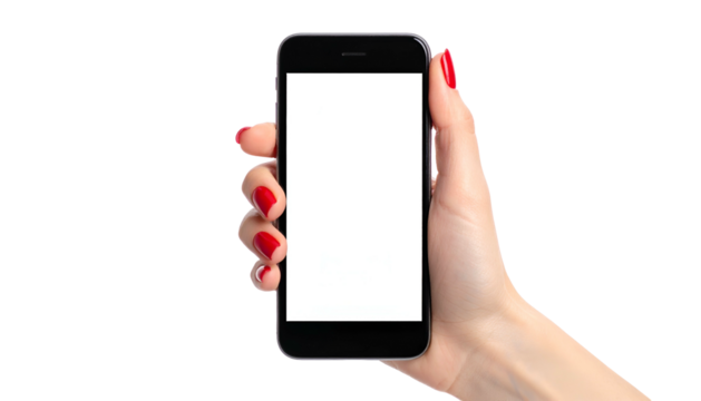 A hand with red nails holds a black, blank-screened device against a stark black background