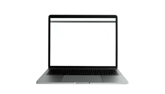 Front view of a laptop with a blank screen, against a black backdrop. Keys visible
