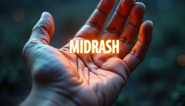 Hand holding glowing "MIDRASH" text against dark background