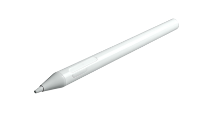 A clean, white, stylus angled on a black background, showing tip and buttons