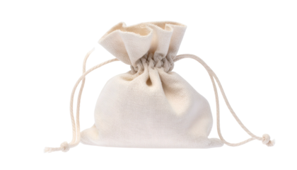 Beige drawstring pouch, tied closed, isolated on black background, soft, natural fabric