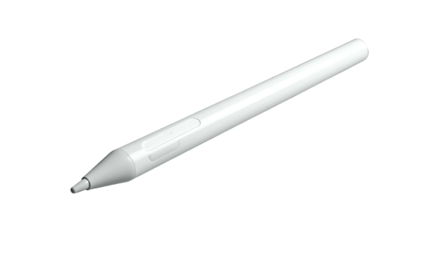 A clean, white, stylus angled on a black background, showing tip and buttons