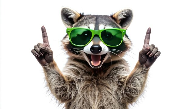 A happy raccoon in cool green sunglasses pointing both index fingers upwards