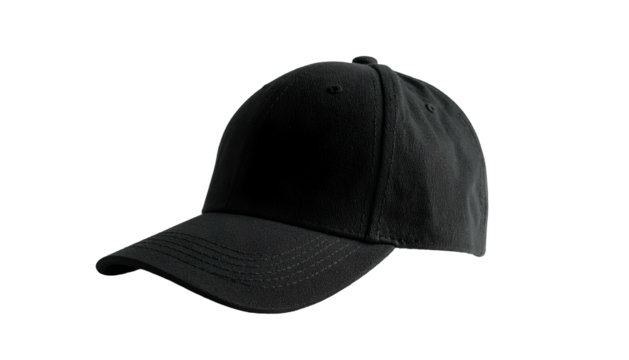 A single, plain black baseball cap, isolated on a dark background, angled left
