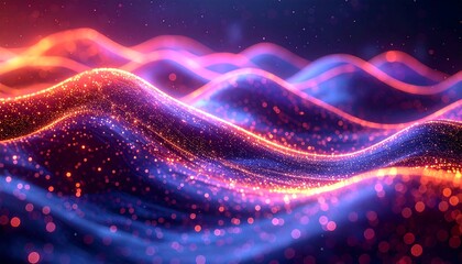 A vibrant, abstract digital rendering showcasing fluid, wave-like forms composed of luminous particles in shades of red, orange, and blue
