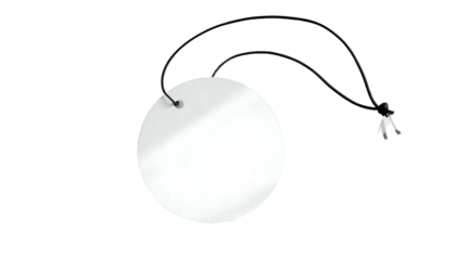 A round, white mirror hanging from a black cord, set against a stark black background