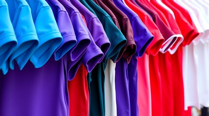 Brightly colored polo shirts hanging in a row on a clothesline outdoors ready for sale