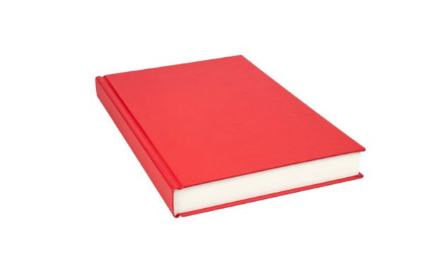 A vibrant, red hardcover book against a black background, slightly angled, revealing paper pages
