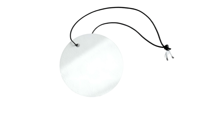A round, white mirror hanging from a black cord, set against a stark black background