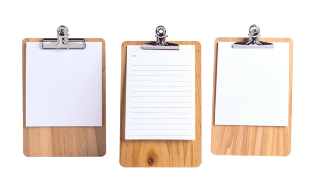 Three wooden clipboards, two holding blank paper and one with lined paper