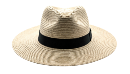 A wide-brimmed, woven hat with a black band, centered, and resting on a black background