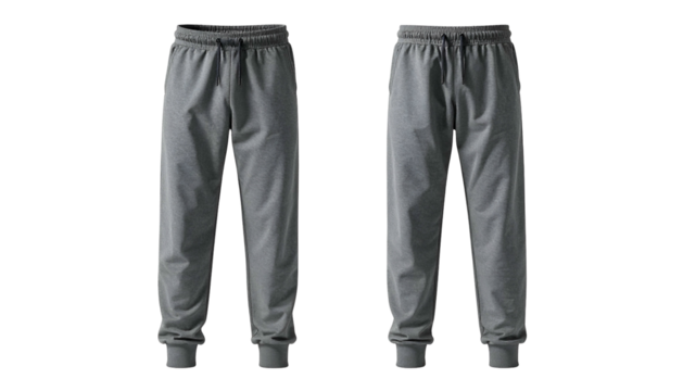 Two gray, casual sweatpants on a plain black background; drawstring, elastic cuffs