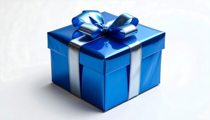Obraz premium Blue Gift Box with Silver Ribbon sits Isolated. Use for celebration, holidays, birthday marketing. Elegant, modern design element.