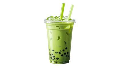 A refreshing, vibrant green drink in a clear cup with straws and dark boba pearls