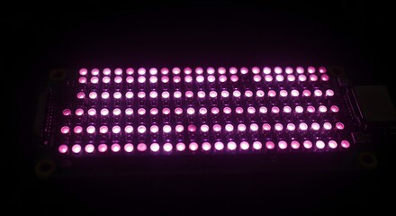 Close-up of a rectangular electronic device displaying a matrix of glowing pink lights