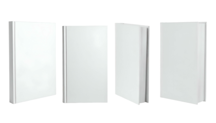 Four blank, white books in different orientations against a solid black background