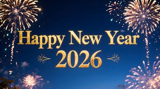 Classic Happy New Year 2026 with golden serif font deep blue night sky glowing fireworks cinematic 16_9 shot
