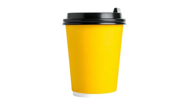 Isolated, yellow, disposable beverage container with a black lid