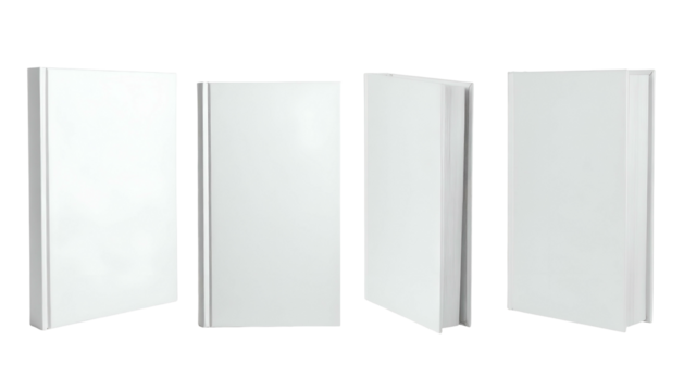 Four blank, white books in different orientations against a solid black background