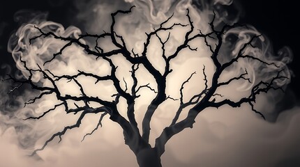 Ethereal swirling smoke embraces gnarled dark tree branches creating abstract natural art