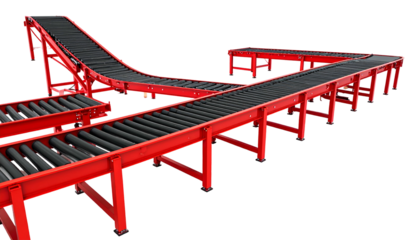 Complex network of red industrial roller conveyors on black background