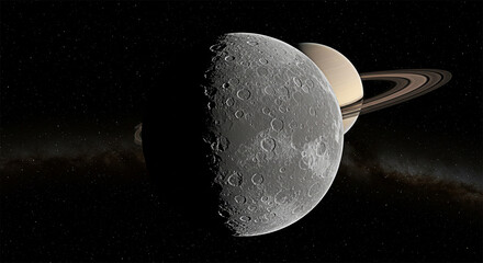 Saturn’s Rocky Moon: A Stunning Scene of a Cratered Surface Before Saturn and Its Rings in Deep Space