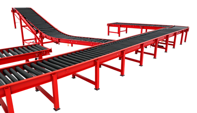 Complex network of red industrial roller conveyors on black background