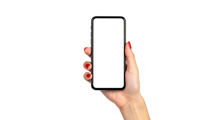 Hand with red nails holds a phone with a bright, blank screen against a black backdrop