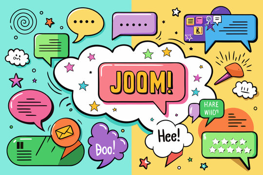 Vibrant pop art style speech bubbles and comic elements