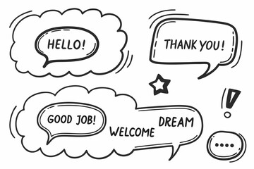 Hand drawn speech bubbles with motivational phrases and greetings © Sujit