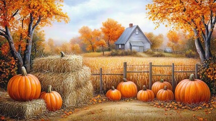 Autumn farm scene with pumpkins, hay bales, and rustic barn amidst fall foliage.