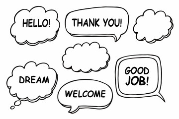 Hand drawn speech bubbles with positive affirmations and greetings © Sujit