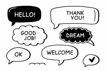 Hand drawn speech bubbles with positive affirmations and greetings © Sujit