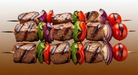 Grilled meat and colorful vegetables arranged on skewers, showcasing juicy textures and vibrant colors, isolated on a clean gradient background for a mouthwatering food presentation.