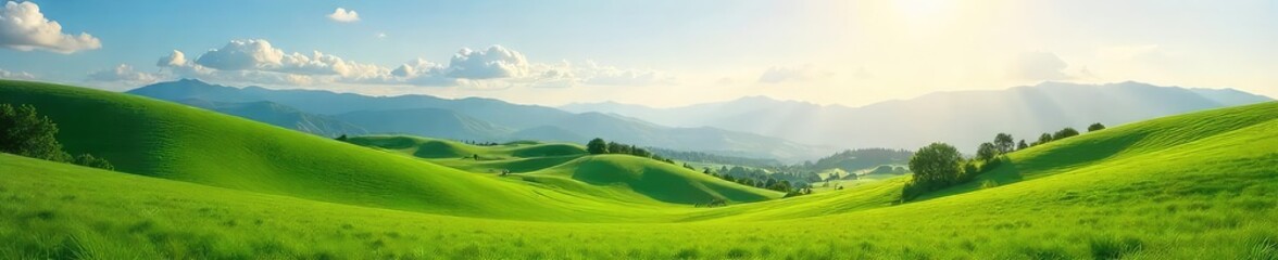 Fototapeta premium Serene vista of rolling green hills under a vast, clear sky; sunlit meadow with distant mountains Perfect for nature, travel, and environmental themes , green, day