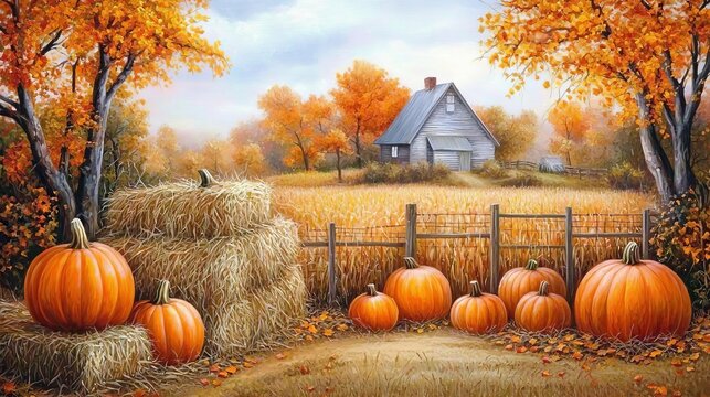Autumn farm scene with pumpkins, hay bales, and rustic barn amidst fall foliage.